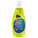 Clear plastic bottle of Joy Ultra lemon-scented dish liquid with a blue label and sea turtle image.