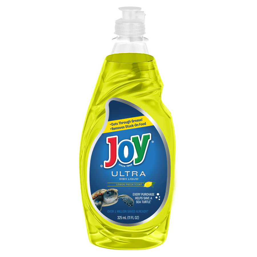 Clear plastic bottle of Joy Ultra lemon-scented dish liquid with a blue label and sea turtle image.