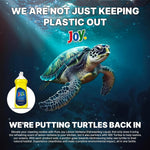 Ocean-themed marketing image showing a sea turtle, Joy logo and a small Joy Ultra lemon dish liquid bottle on a dark blue underwater background