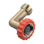 Angled view of JR Products 90° brass hose end protector with orange nut and internal screen