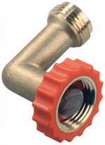 Close-up of JR Products brass 90° hose saver showing orange threaded grip and mesh filter