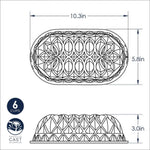 Line-drawn top and side schematic of a Jubilee loaf pan showing dimensions (10.3in by 5.8in by 3.0in) and pattern outlines, with premium cast aluminum icon.