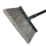 Close-up angled view of a jumbo broom head with dense gray bristles and a black handle connector