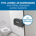 Toilet stall with a jumbo roll dispenser mounted on the partition and text stating it fits Jumbo Jr dispensers