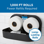 Two jumbo toilet paper rolls inside a wall dispenser with text highlighting 1,000 ft rolls and long-lasting rolls badge