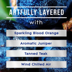Close-up graphic listing fragrance layers over a background of juniper berries and teak wood textures