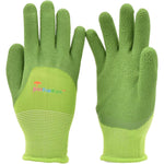 Pair of bright green micro-foam textured kids gardening gloves with knit wrists and JustForKids logo