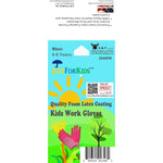 Colorful product hang tag for JustForKids kids work gloves showing branding, barcode and playful sun artwork
