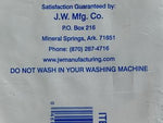 Close-up of a product label showing manufacturer information: J.W. Mfg. Co., address, phone number and care warning.
