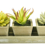 Close-up detail of the center aloe-like faux succulent in a square distressed pot on a wooden tray
