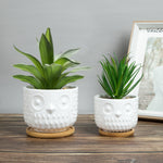 K‑Cliffs pair of white owl planters with bamboo saucers staged with faux green plants and a framed photo on a wood surface.