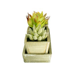 Top-to-bottom stacked view of three small square pots with faux succulents inside a wooden tray