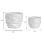 Two white wave-textured ceramic pots shown side-by-side with dimension lines and measurements on a white background.