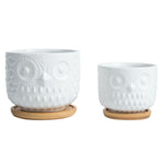 Studio shot of two K‑Cliffs white owl ceramic planters on bamboo saucers, empty and shown side by side on white background.