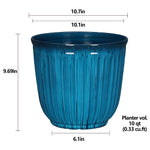 Aqua ribbed planter with measurement overlays showing 10.7in width and 9.69in height on white background