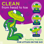 Kandoo illustration of a green frog holding a wipe with text “CLEAN from head to toe” and small icons for hands, face, clean