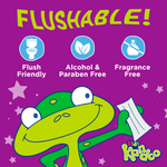 Purple Kandoo graphic panel with frog mascot and icons reading Flush Friendly, Alcohol & Paraben Free, Fragrance Free.