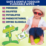 Graphic showing Kandoo frog and a toddler on a potty with text listing no parabens, sulfates, phthalates and other exclusions