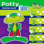 Colorful Kandoo potty training guide graphic featuring a frog mascot and checklist-style icons for went, wiped, flushed, washed