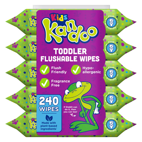 Pack of Kandoo Kids toddler flushable wipes with purple front panel, frog mascot and 240 wipes callout