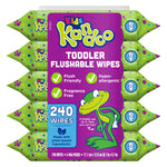 Front view of Kandoo Kids toddler flushable wipes pack with purple label, green spotted side packs and 240 wipes callout