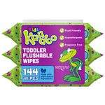 Front view of Kandoo Kids toddler flushable wipes pack with green frog mascot and label showing 144 wipes and product claims.