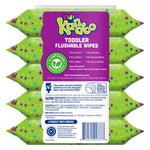 Rear label of Kandoo toddler flushable wipes pack showing ingredient claims, certification seals and product information