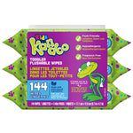 Front-facing Kandoo Kids toddler flushable wipes pack with bilingual text, frog mascot and prominent 144 wipes callout.