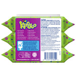 Back of Kandoo Kids flushable wipes pack showing caution text, ingredients panel, barcode and certification icons.