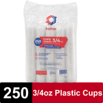 Clear plastic ribbed disposable cups in a branded Katae retail bag with red and blue label showing cup size