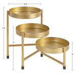 Gold tri-level plant stand with dimension callouts showing heights and tray diameter on white background