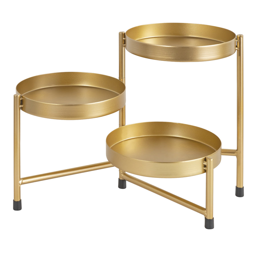 Gold tri-level metal tabletop plant stand with three round tray platforms and black foot caps