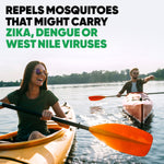 Kayakers paddling on a lake with overlay text stating the product repels mosquitoes that may carry Zika, dengue or West Nile viruses
