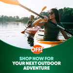 Kayakers paddling on a calm lake with OFF! logo and a promo reading shop now for your next outdoor adventure.
