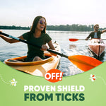 Two people kayaking on a lake with OFF! logo and overlay text promoting a proven shield from ticks
