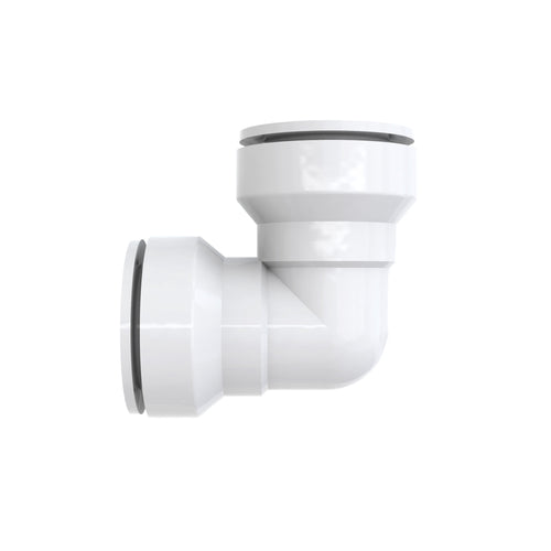 White plastic 90-degree push-fit plumbing elbow with visible O-ring seals inside each socket.