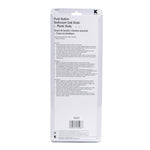 Rear of retail blister card packaging for a Keeney push button bathroom sink drain with printed product text and barcode