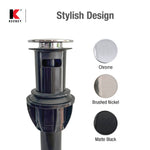 Black plastic push-button drain assembly shown with three finish swatches labeled Chrome, Brushed Nickel, Matte Black