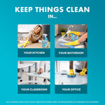 Grid of four lifestyle photos showing cleaning in kitchen, bathroom, classroom, and office with Lysol bottle branding