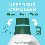 Top of a detergent bottle cap with icons and text “KEEP YOUR CAP CLEAN Rinse or Toss in Wash” on blue background