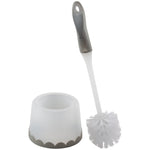 Kennedy Home white toilet brush with gray handle and matching holder on a white background.