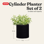 Product graphic showing a Keter cylinder planter with dimensions and 'Set of 2' headline on cream background