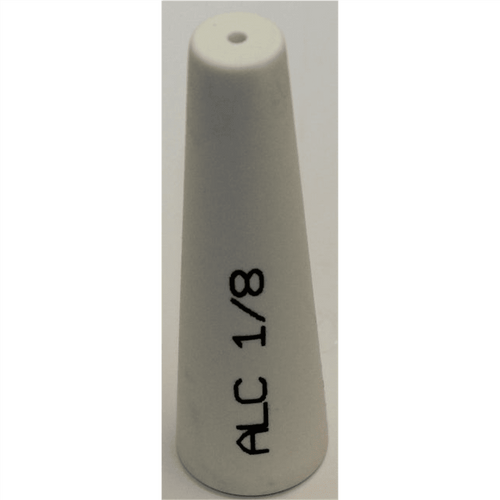 Tapered white ceramic pressure-blasting nozzle with printed text 'ALC 1/8' visible down the side.