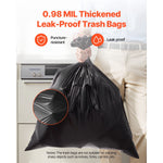 Person holding a full tied black trash bag by the top, inset close-up of bag texture and leak-proof callouts