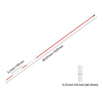 Angled illustration of an orange-and-white reflective pole showing overall length and a small inset of the 0.25 inch cross-section.