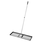 Assembled lawn leveling rake with long silver handle and rectangular black metal base shown on white background