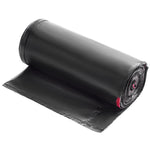 Rolled black drawstring trash bag partially unrolled on white background, glossy plastic texture visible