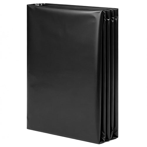 Folded bundle of glossy black polyethylene plastic sheeting standing upright on white background.