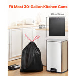 Tied black kitchen trash bag next to a stainless pedal bin with dimension graphic showing 27.5 x 31.5 inches