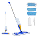 Blue and yellow spray mop with refillable bottle and three blue reusable mop pads displayed on white background